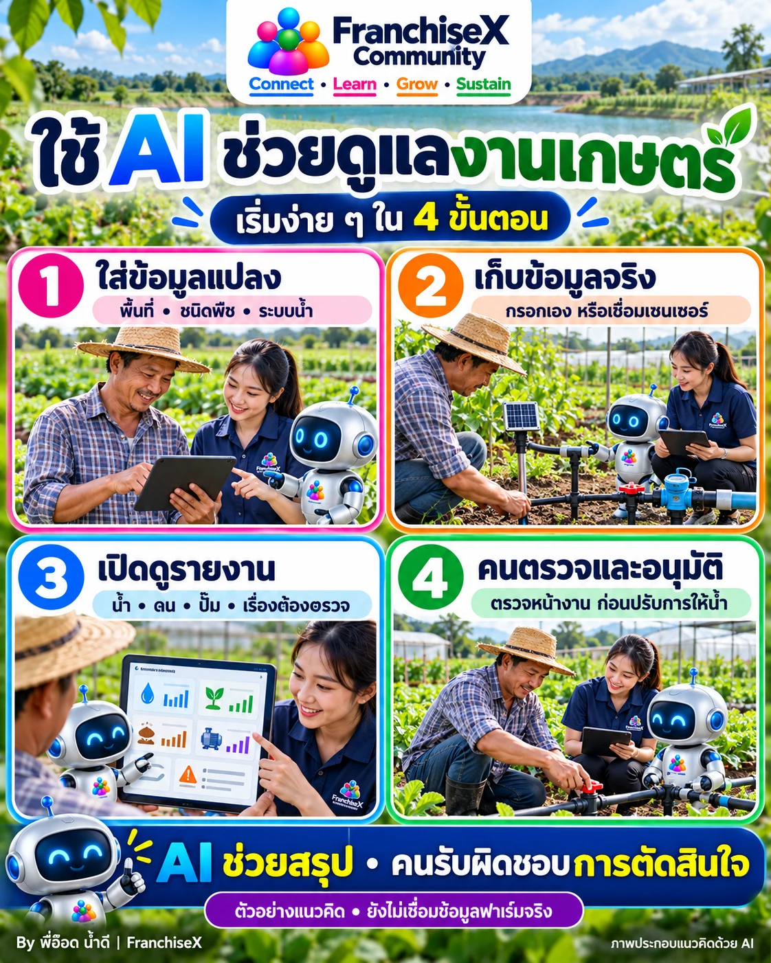 แนวคิดใช้ AI ช่วยดูแลงานเกษตร 4 ขั้นตอน: ใส่ข้อมูลแปลง เก็บข้อมูลจริง เปิดดูรายงาน และคนตรวจอนุมัติ
