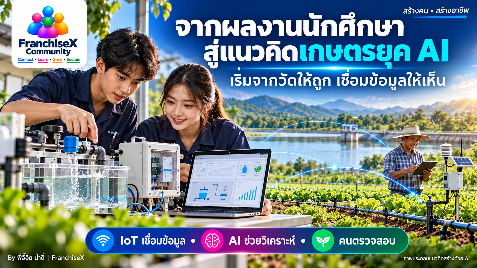 ภาพแนวคิดนักศึกษาวิศวกรรมเรียนรู้การวัดและควบคุมระบบน้ำ เชื่อมสู่เกษตรที่มีคนตรวจสอบข้อมูลจาก IoT และ AI